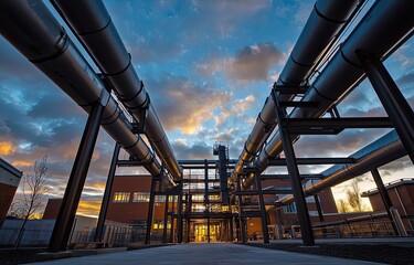 industrial plant with steel pipes and buildings in the background