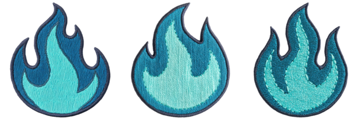 Three stylized flame icons in varying sizes, featuring a blue and aqua color scheme.