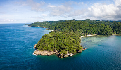 Scenic Panorama Aerial Drone Picture of White Sand Beach and Jungle in Cove and Jungle, near...