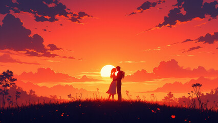 Obraz premium Illustration of a couple silhouette at sunset, symbolizing love and romance.