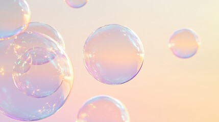 Cluster of translucent bubbles in pastel sky with lavender to peach gradient