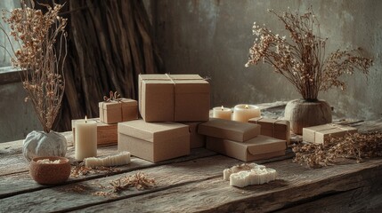 Rustic table with gifts, candles, and dried flowers.