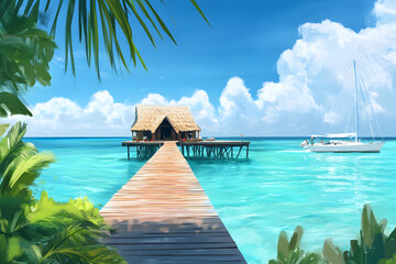Tropical paradise with wooden pier leading to a hut over turquoise water, surrounded by lush greenery and a sailboat; ideal for vacation, travel, and serene landscape themes