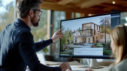 A professional discusses a contemporary property design displayed on a large monitor while utilizing artificial intelligence tools in a bright office. The focus is on enhancing real estate projects.
