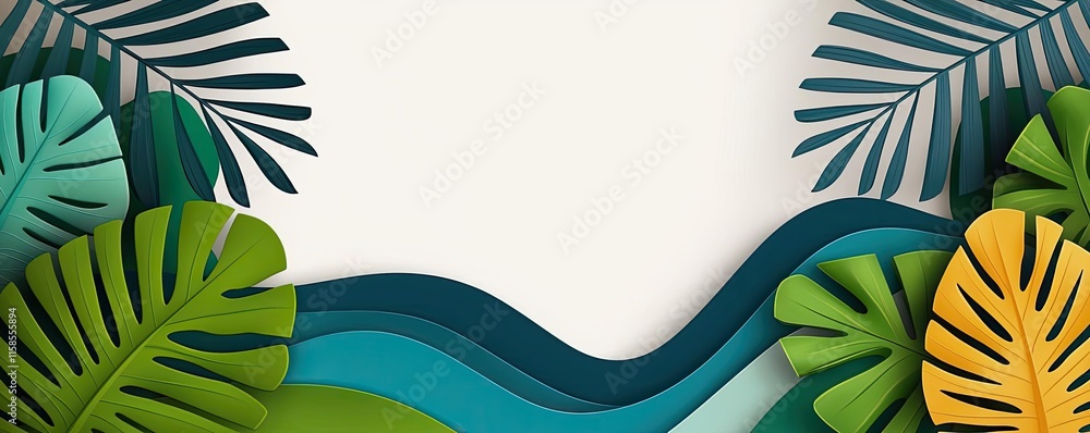 Poster palm leaves abstract background concept. vibrant tropical leaves create a lively border in a smooth 