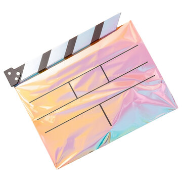 A colorful, holographic clapperboard used in film production, featuring distinctive black and white stripes on top.