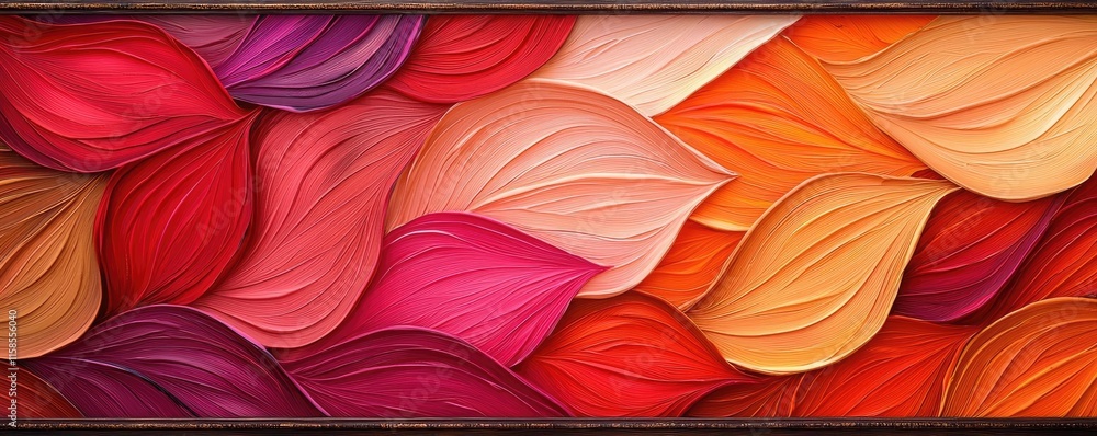 Poster rose leaves abstract background concept. vibrant leaf pattern showcasing colorful layers in red, ora