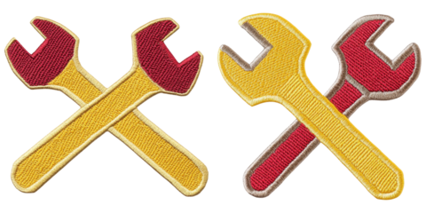 Two crossed wrenches in red and yellow, symbolizing tools commonly used for mechanical repairs and adjustments.