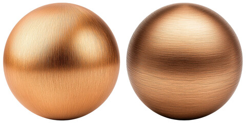 Two metallic spheres with a polished copper finish, displaying distinct textures and reflections.