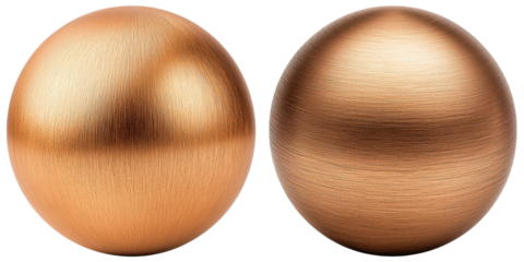 Two metallic spheres with a polished copper finish, displaying distinct textures and reflections.