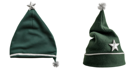Two festive green hats with star accents and pom-poms, showcasing different styles for holiday celebrations.
