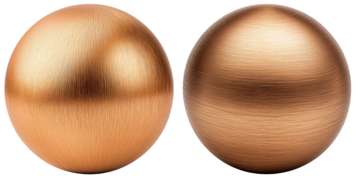 Two metallic spheres with a polished copper finish, displaying distinct textures and reflections.