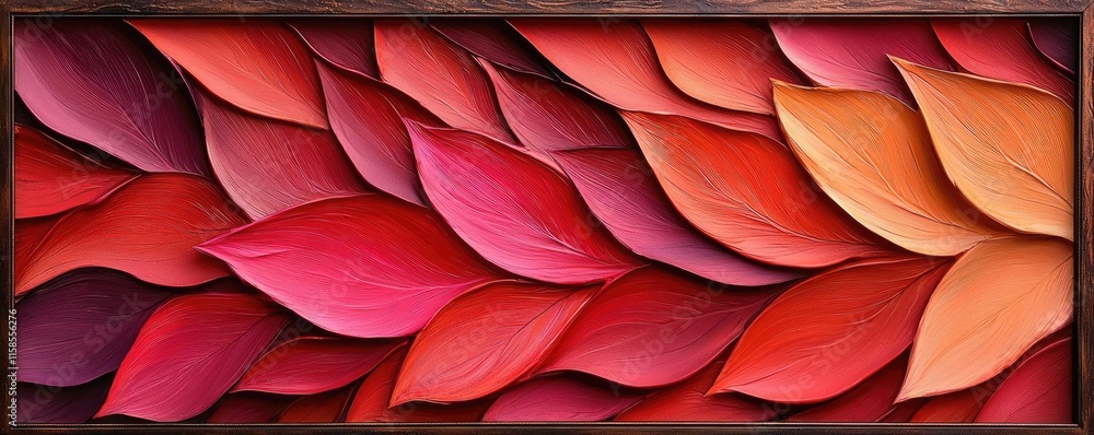 Poster Rose leaves abstract background concept. Vibrant leaves in shades of red and orange creating an artistic abstract pattern.