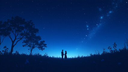 Illustration of a starry night with a couple silhouette, symbolizing love.