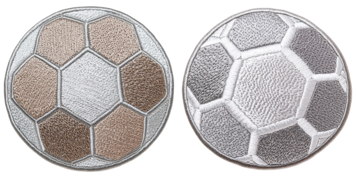 Two soccer balls showcasing distinct designs, one with a classic pattern and the other with a modern geometric style.