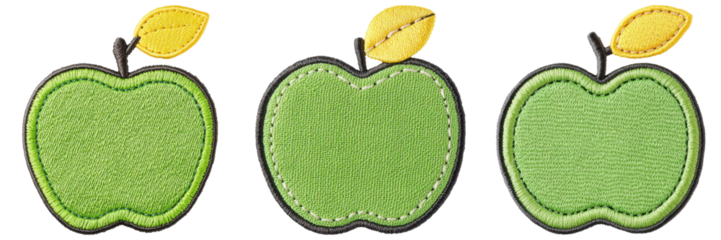 Three green apple designs featuring distinct embroidery textures and a single yellow leaf on each.