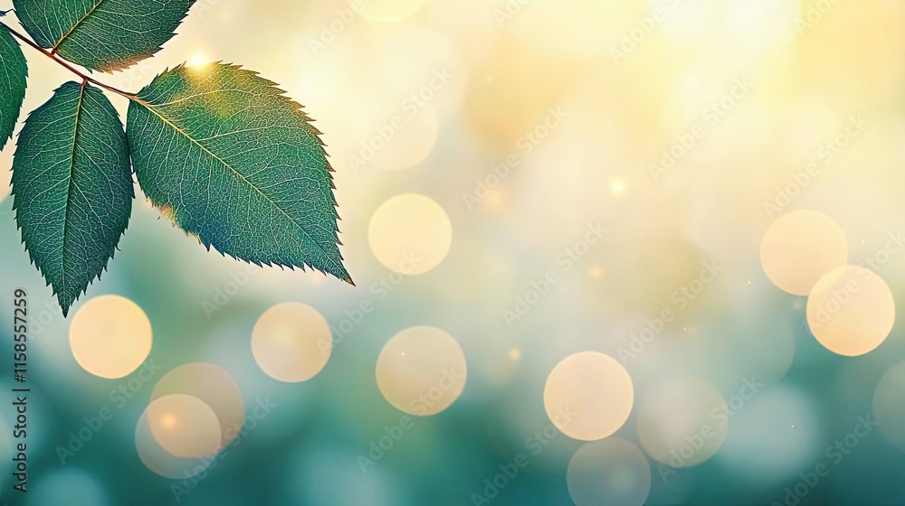 Poster rose leaves abstract background concept. delicate green leaves with a soft bokeh background, evoking