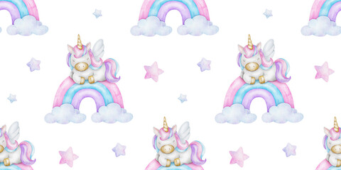 Sleeping unicorn, rainbow, stars, clouds. Watercolor hand drawn seamless pattern. Background with fairy tale pony for girl's goods, clothes, textiles, packaging design, baby shower, children's room