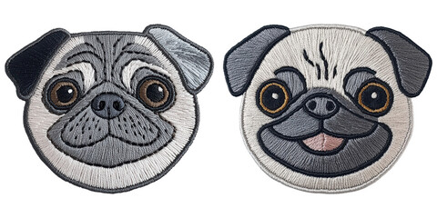 Two embroidered patches featuring cute pug faces, showcasing expressive eyes and distinct fur patterns.