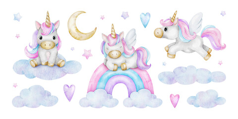 Unicorn set with rainbow, crescent moon, clouds, stars and hearts. Isolated hand drawn watercolor illustrations for girl's clothes, baby shower and birthday cards, posters, stickers, packaging design