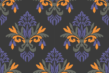 Ikat embroidery on black background. Traditional geometric oriental ethnic pattern. Abstract Aztec style vector illustration.