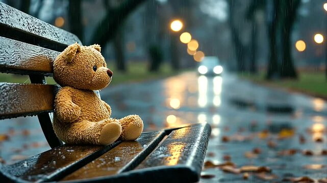 Sad Teddy Bear on Wooden Bench Under Rainy Atmosphere