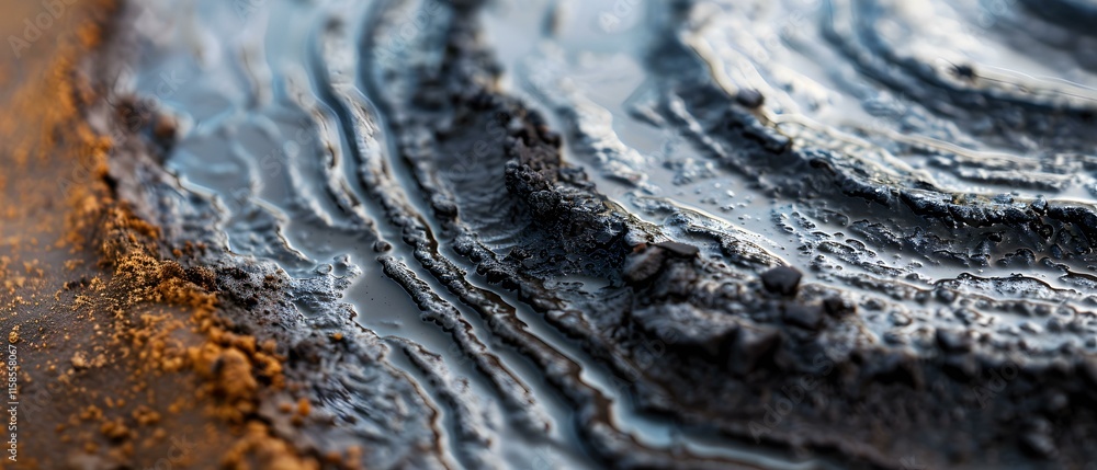 Poster abstract close-up of textured surface with layered patterns in black and brown, showcasing natural f