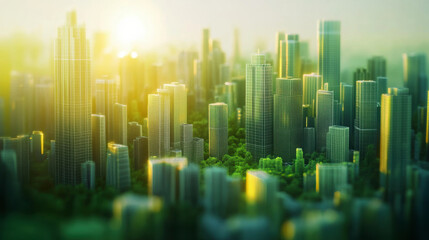 Fototapeta premium Urban growth sunrise over city skyline aerial view modern architecture nature integration