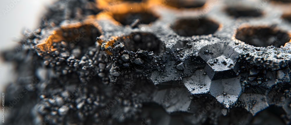 Poster close-up view of intricate honeycomb structure with textured surface and glimmering droplets on dark