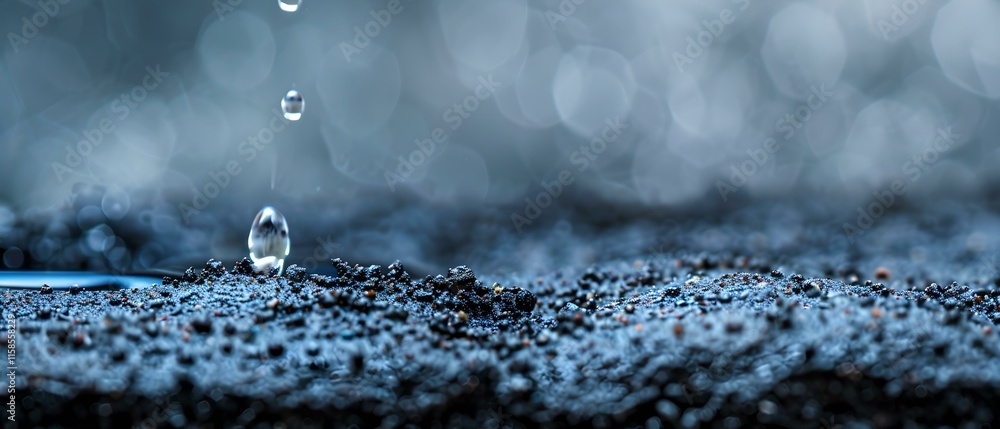 Poster close-up of a droplet falling on a textured surface with blurred blue background and soft bokeh effe