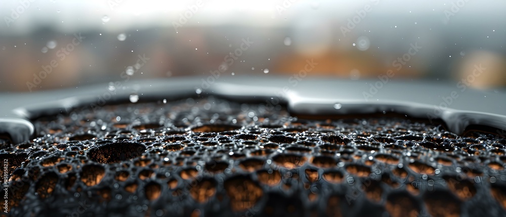 Poster close-up of water droplets on dark surface with abstract bokeh background in soft focus