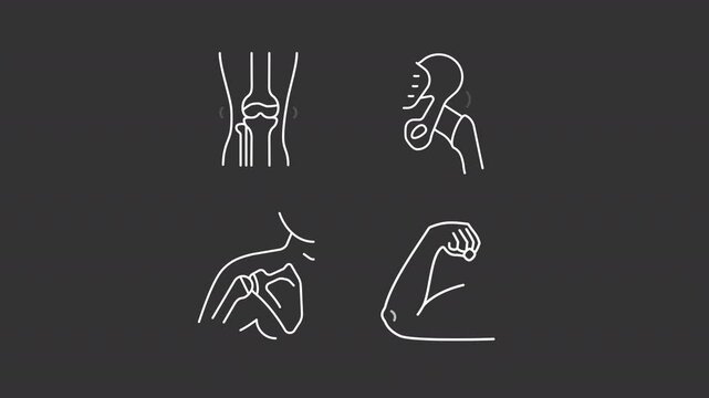 Joints illness animation library. Human body animated white line icons. Clinical treatment. Dislocation, rheumatism. Isolated illustrations on dark background. Transition alpha. HD video. Icon pack