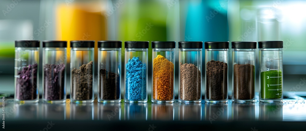 Poster colorful range of powdered materials in transparent vials on laboratory table