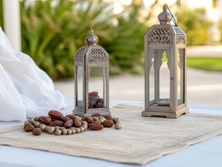 Ramadan fasting suhur table featuring coffee, dates, pastries, and fruits, Arabian lanterns and warm, Spiritual nourishment and cultural, Muslim Islamic family