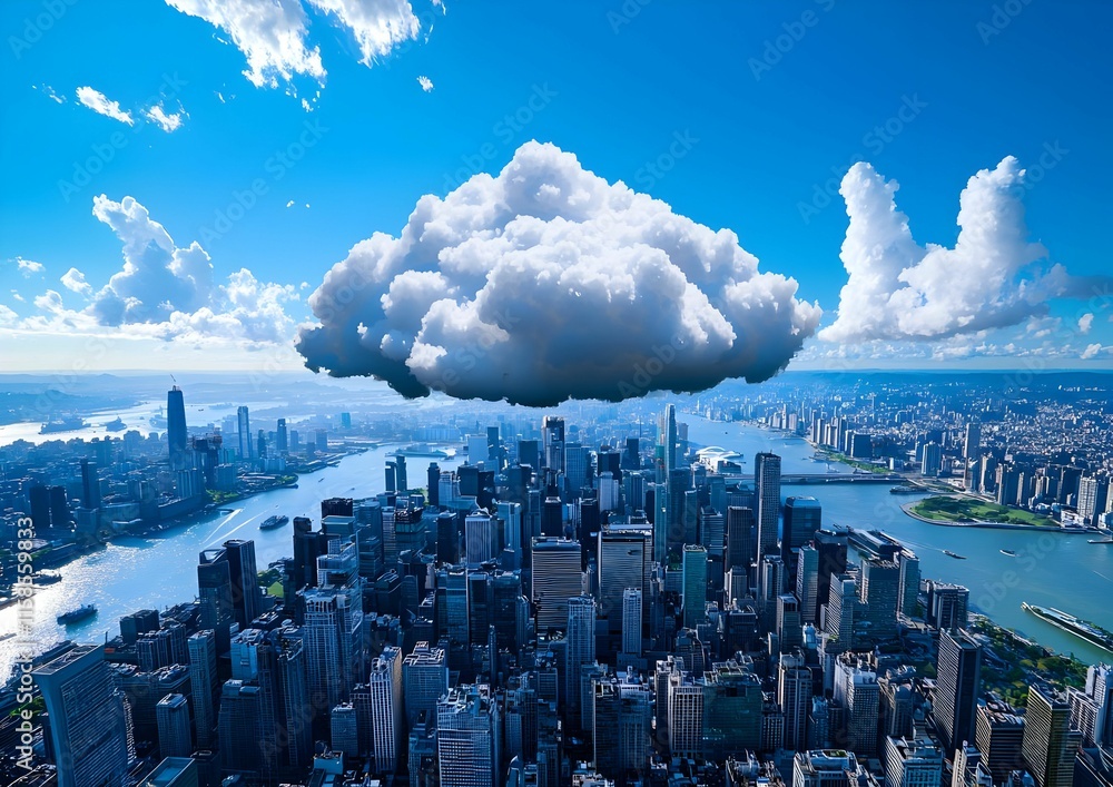 Poster digital cloud network, a conceptual representation of cloud computing with interconnected data strea