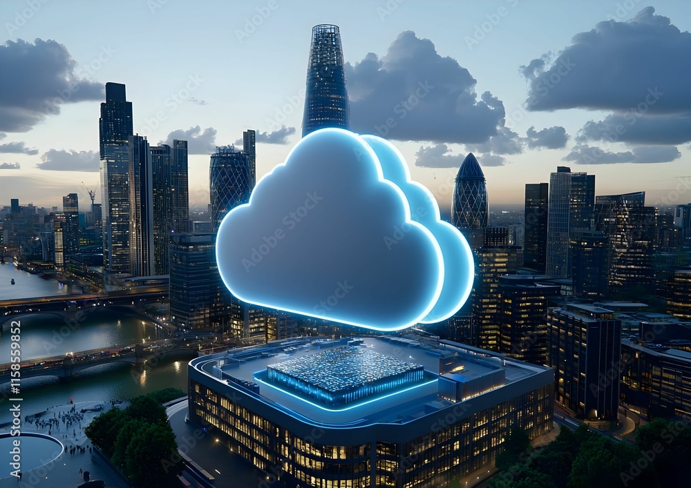 Poster digital cloud computing concept, abstract representation of cloud technology, interconnected data st