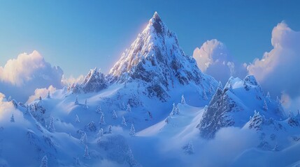 Obraz premium Majestic snow-capped peak at sunrise, surrounded by fluffy clouds and snow-covered hills.