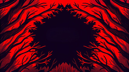 Abstract vector art with red horror forest, black silhouettes, and intricate patterns, perfect for decorative wallpaper