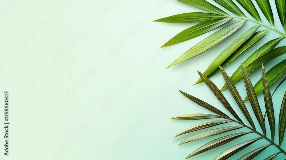 Aufkleber palm leaves abstract background concept. vibrant green palm leaves arranged on a soft pastel backgro