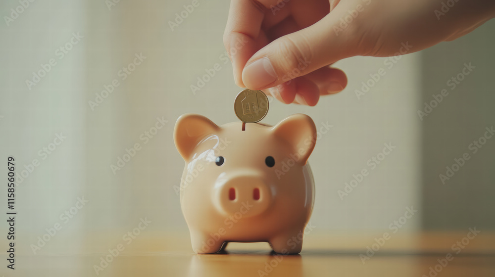 Poster close up of hand placing coin in piggy bank, symbolizing saving and financial planning. this capture