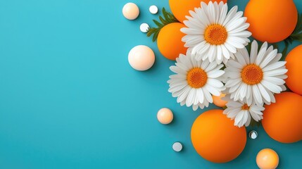 Daisy floral abstract background idea. Bright orange fruits and white daisies on a turquoise background create a fresh look.