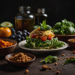 A vibrant layered salad, featuring pasta, vegetables, and fresh herbs, sits atop
