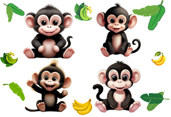 Fototapeta premium Set baby monkeys playing with bananas in a fun and vibrant jungle setting during the day