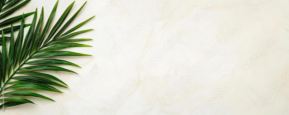 Poster palm leaves abstract background concept. a serene arrangement of tropical palm leaves on a light tex