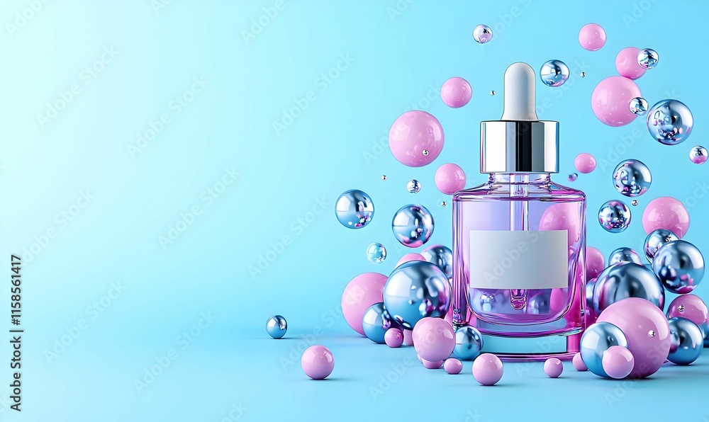 Poster clear dropper bottle with an empty label, set against a soft background, perfect for showcasing prod
