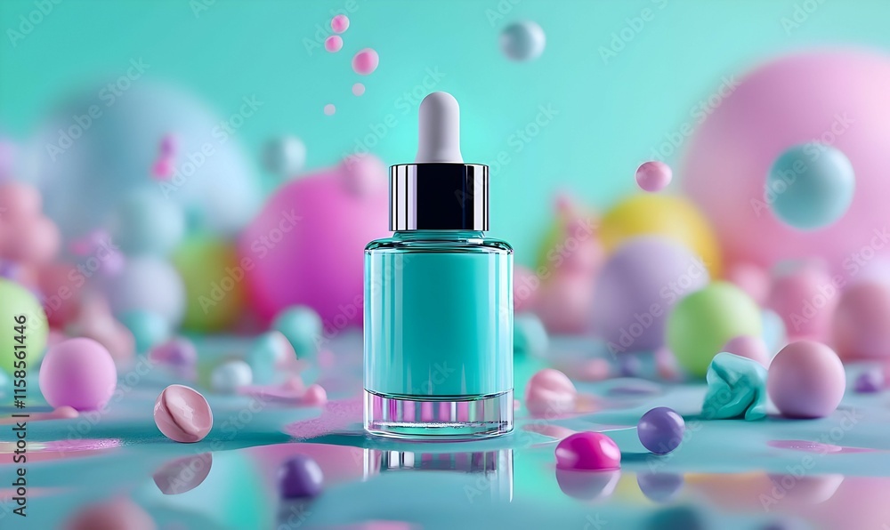 Poster clear dropper bottle on a smooth surface, blank label ready for customization, surrounded by soft, n