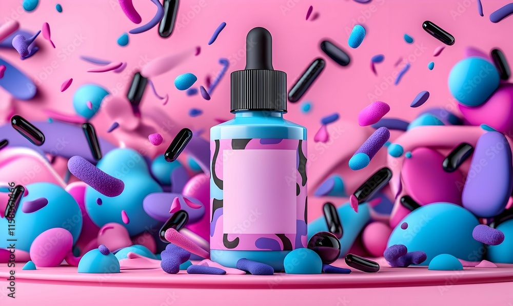 Poster clear dropper bottle with a blank label, placed on a smooth surface, surrounded by subtle shadows an