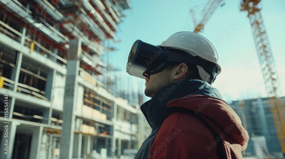 Aufkleber A construction professional uses virtual reality technology to visualize architectural plans at a busy development site. The experience aids in enhancing design accuracy and project efficiency.