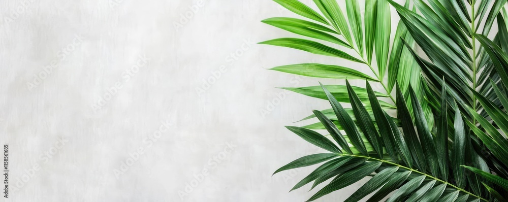 Poster palm leaves abstract background concept. a close-up view of lush green palm leaves against a soft gr
