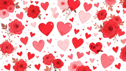 Naklejka premium Illustration of red roses, Valentine’s Day themes, and hearts symbolizing love.